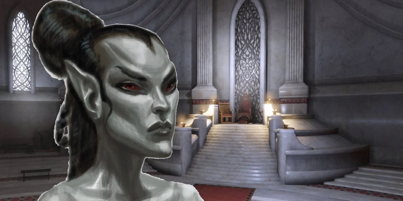 Image of Katariah Ra’athim pasted over a background of Solitude’s throne room in Skyrim.