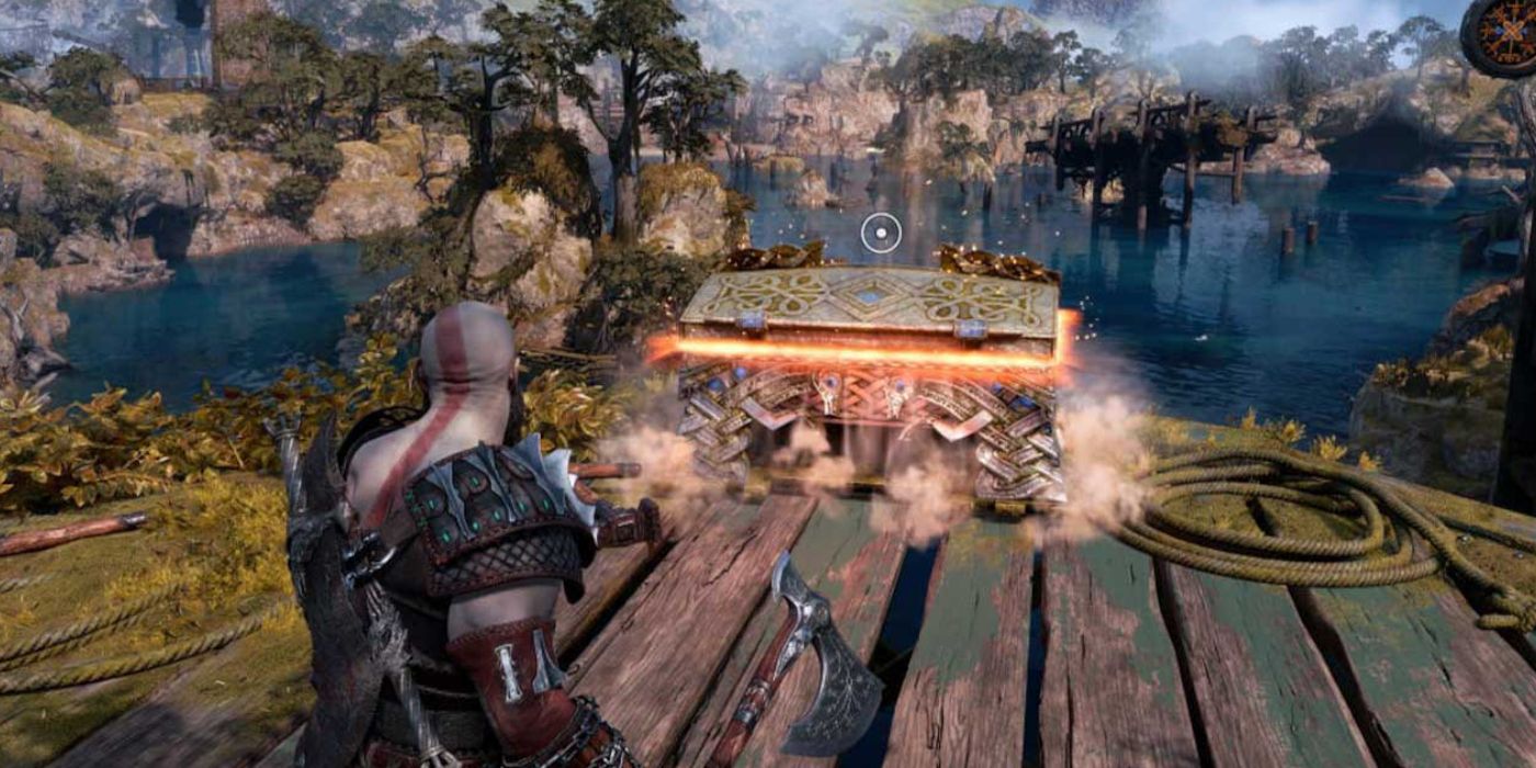 Kratos Looking at a Legendary Chest in God of War: Ragnarök