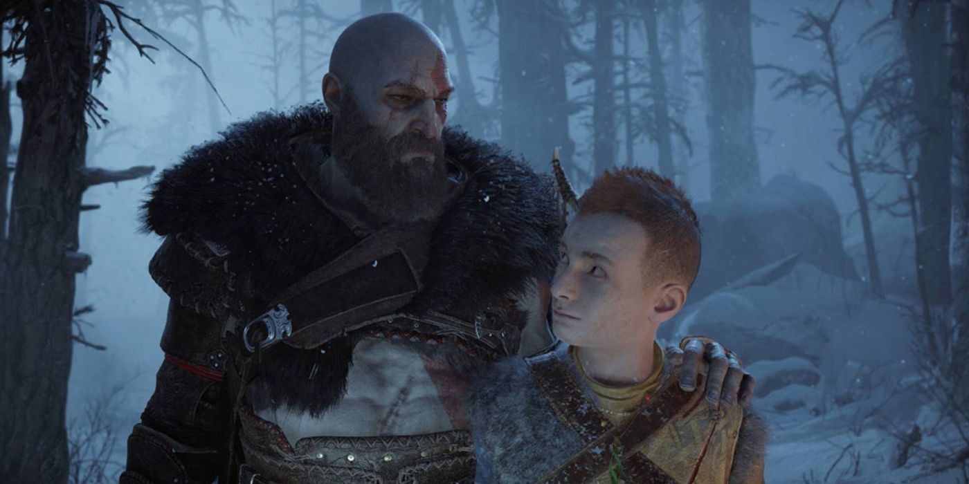 Kratos and Atreus with Kratos Wearing a Rawhide Fur in God of War: Ragnarok