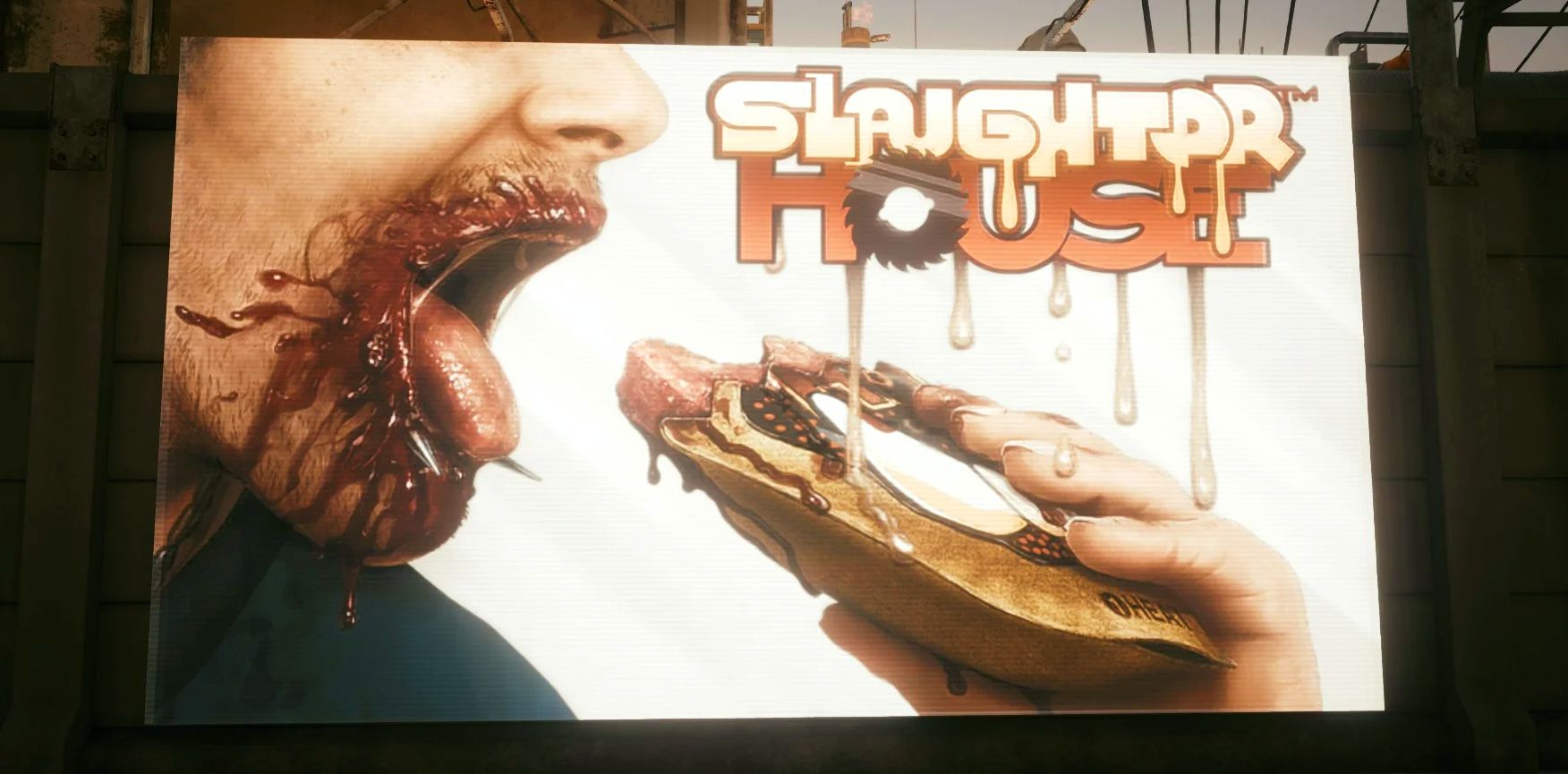 Um anúncio sangrento da carne do Slaughter House em Cyberpunk 2077.