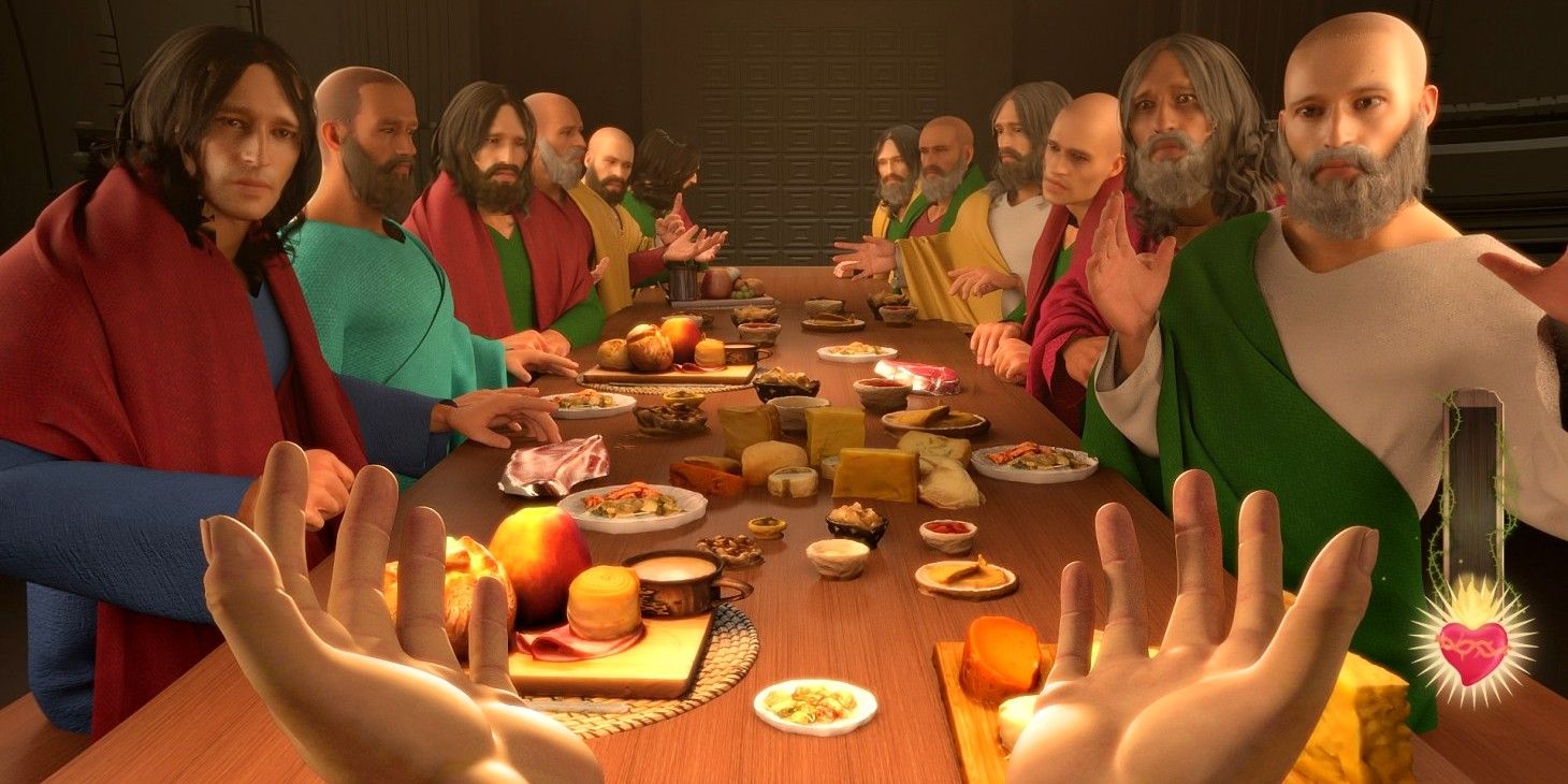 I Am Jesus Christ player sitting first-person at what's presumably the Last Supper, surrounded by food and apostles.
