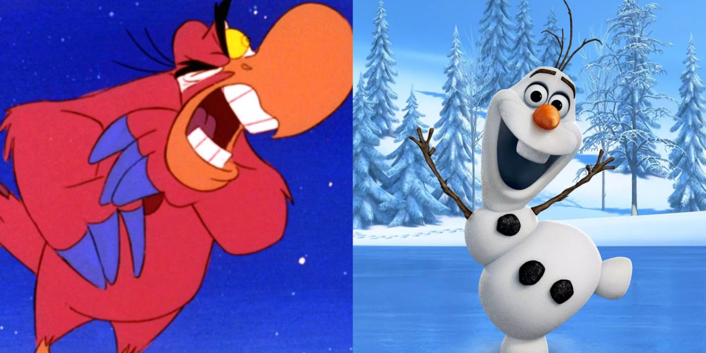 A split image features Iago in Aladdin and Olaf in Frozen