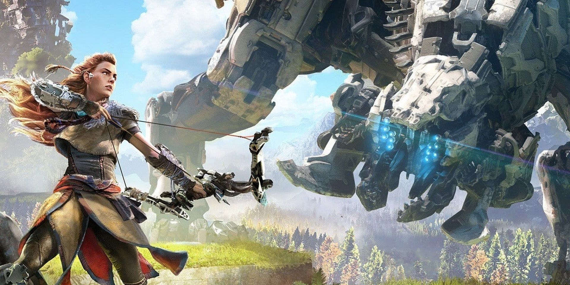 Picture of Aloy from Horizon Zero Dawn fighting a big robot