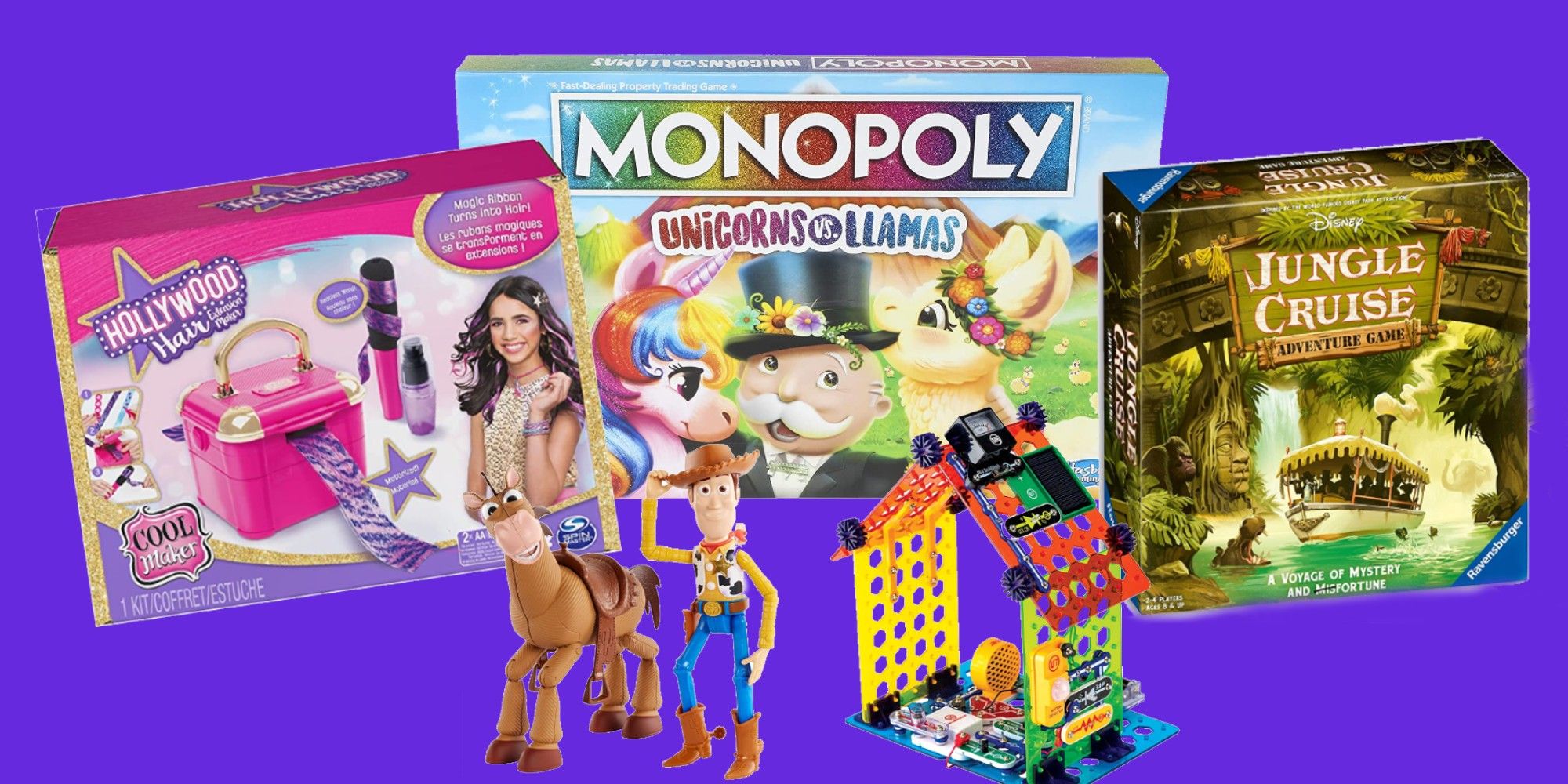 Image of Hollywood Hair Extensions, Monopoly, Jungle Cruise Board Game, Bullseye and Woody, and Snap Circuits, all from Amazon Exclusive Toys