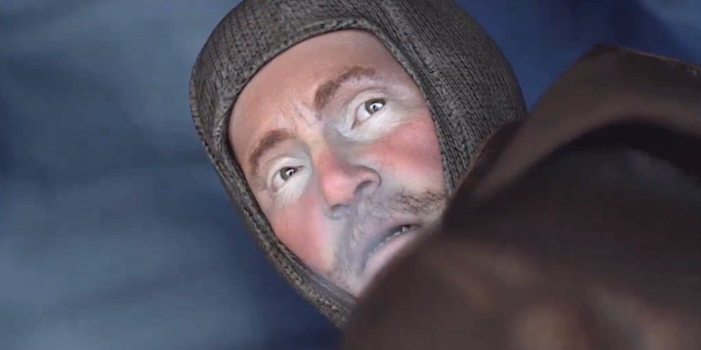 A soldier in a frozen cave looks back in terror at something.