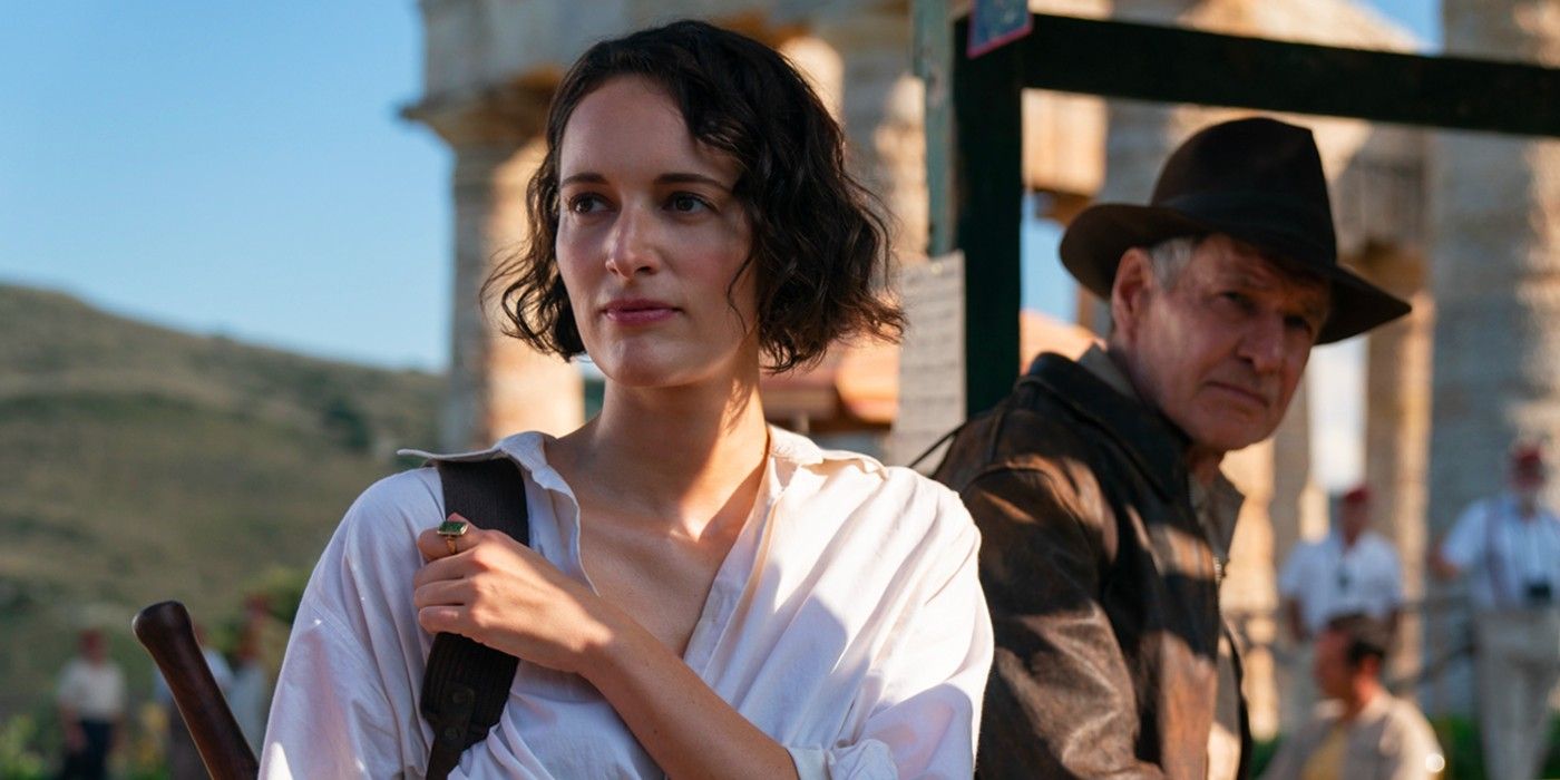 Phoebe Waller-Bridge como Helena e Harrison Ford em Indiana Jones 5.