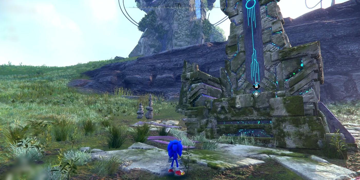 Sonic standing in front of a Fast Travel Shrine in Sonic Frontiers