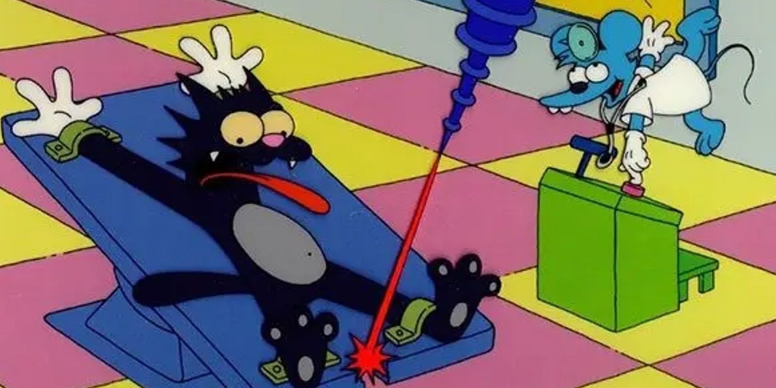 Itchy tries to kill Scratchy in The Simpsons