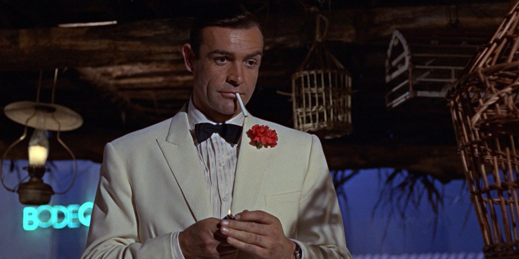James Bond smokes a cigarette in Goldfinger