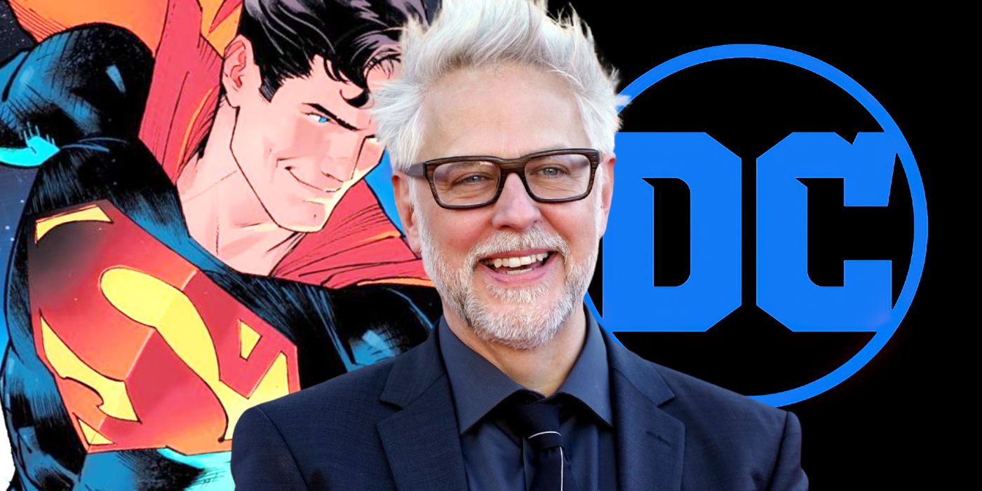 Split Image: comic book Superman; James Gunn smiling; DC logo