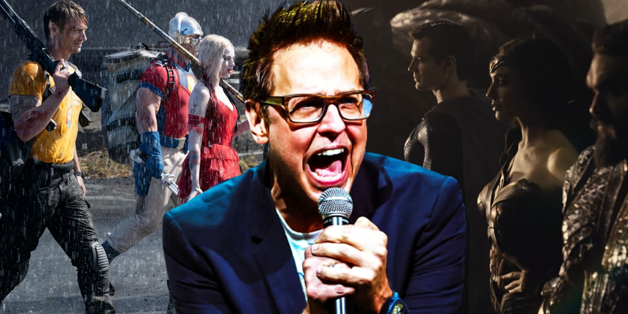 James Gunn com imagem dividida do Esquadrão Suicida e da Liga da Justiça no DCU