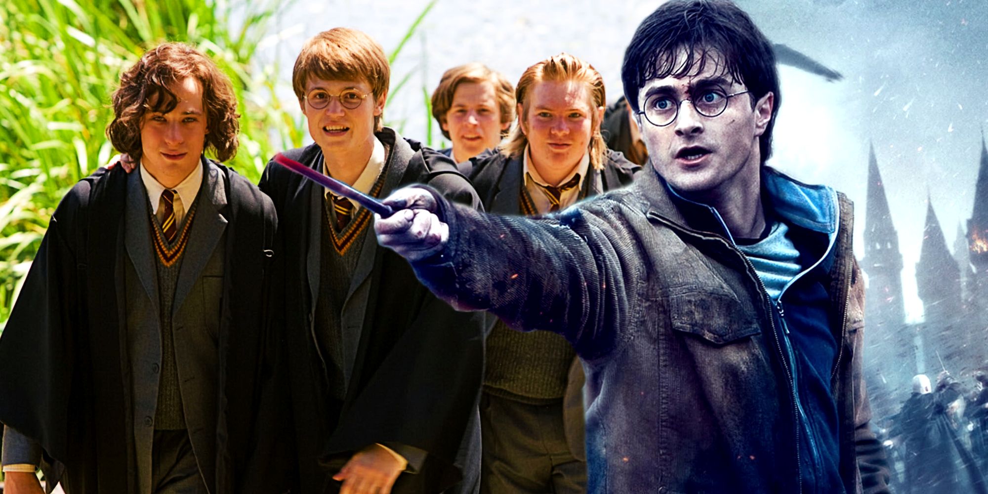 Split image of James Potter, Sirius Black, and Peter Pettigrew and Harry Potter in Deathly Hallows