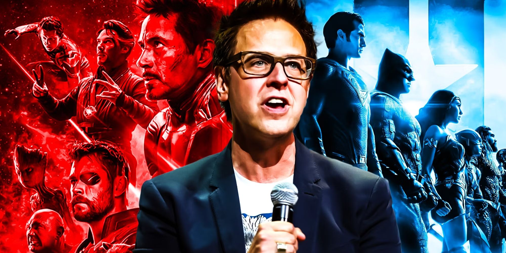 James Gunn in front of art for The Avengers and Justice League