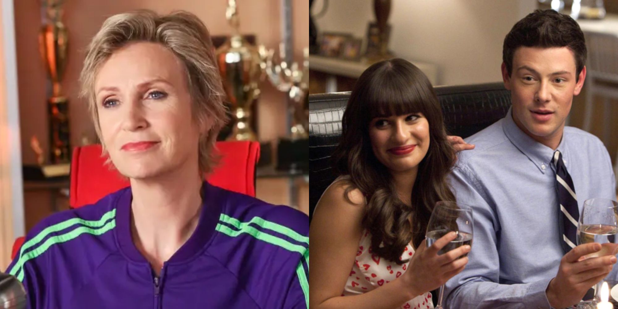 Split image showing Sue and Rachel with Finn in Glee.