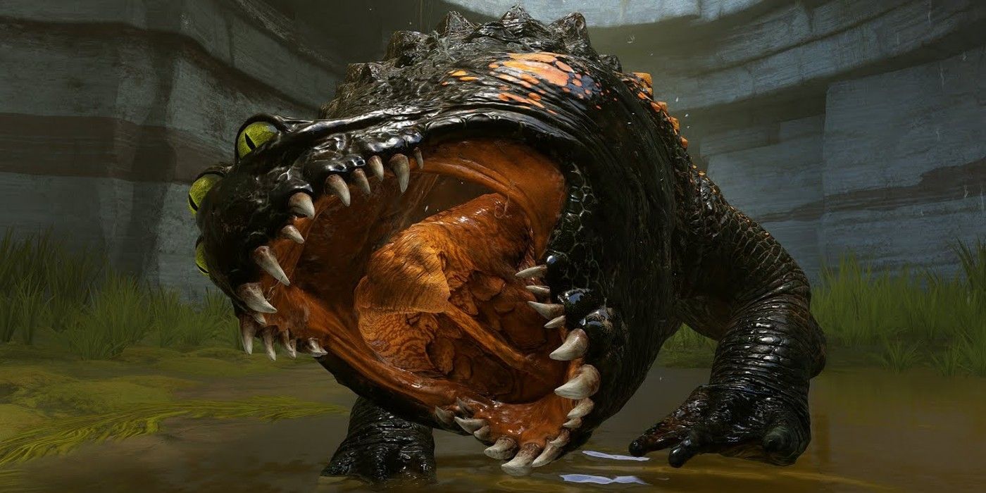 Jedi Fallen Order's Oggdo Bogdo monster roaring with a large open mouth full of sharp teeth.