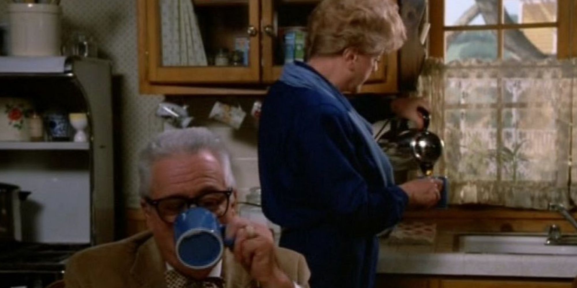 Jessica Fletcher pours a cup of coffee in her kitchen in Murder, She Wrote