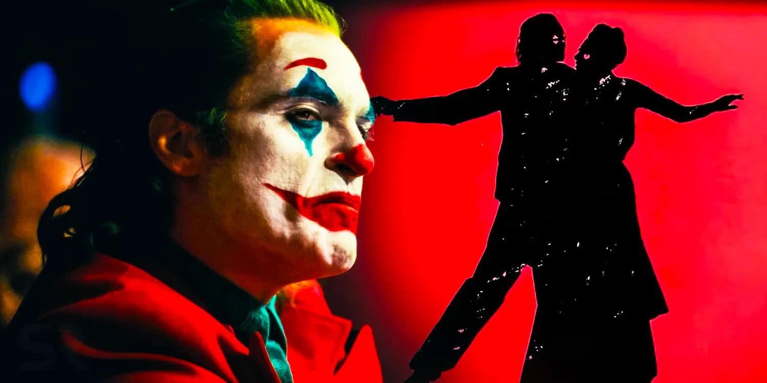 A split image of Joaquin Phoenix's Joker and a promotional image for Joker 2 showing Joker and Harley Quinn dancing