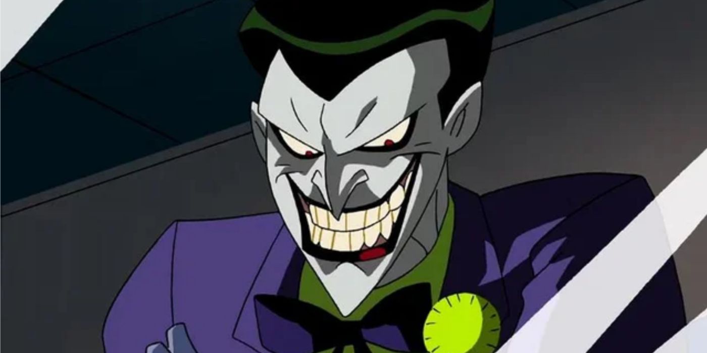 O Coringa sorrindo ameaçadoramente em Batman Beyond: Return of the Joker.