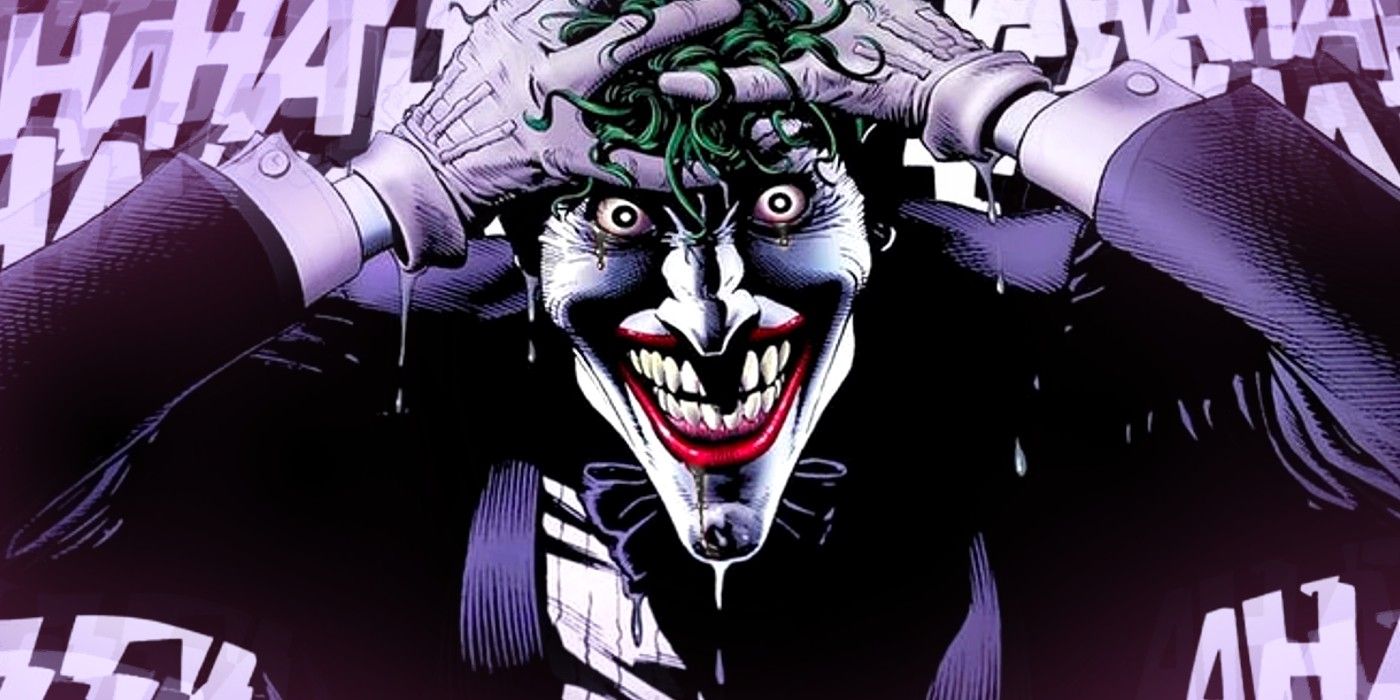 Comic book art: the Joker clutching his head and laughing.