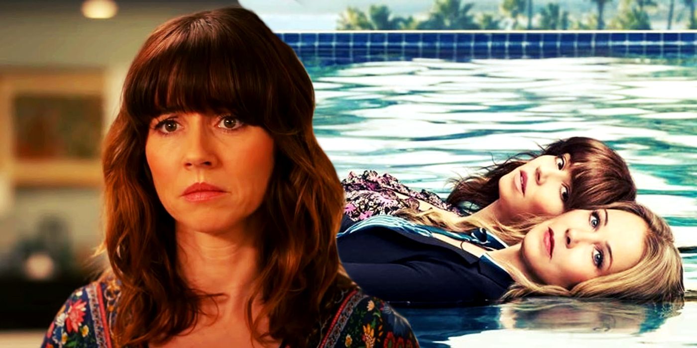 Composite image of Linda Cardellini as Judy Hale and Christina Applegate as Jen Harding, with Judy and Jen lying down in a pool in Netflix Dead to Me