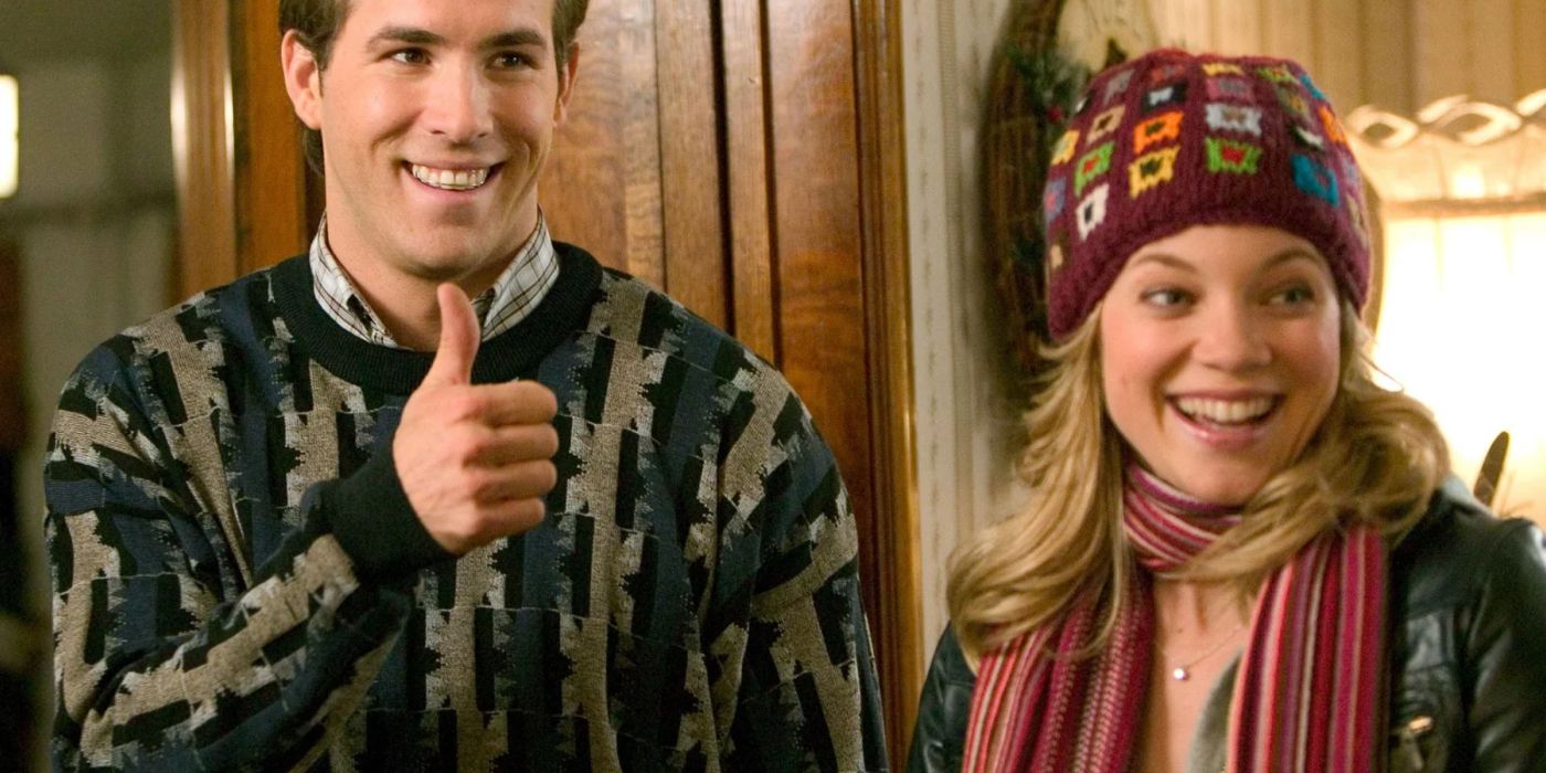Ryan Reynolds y Amy Smart como Chris y Jamie sonriendo juntos en Just Friends. 