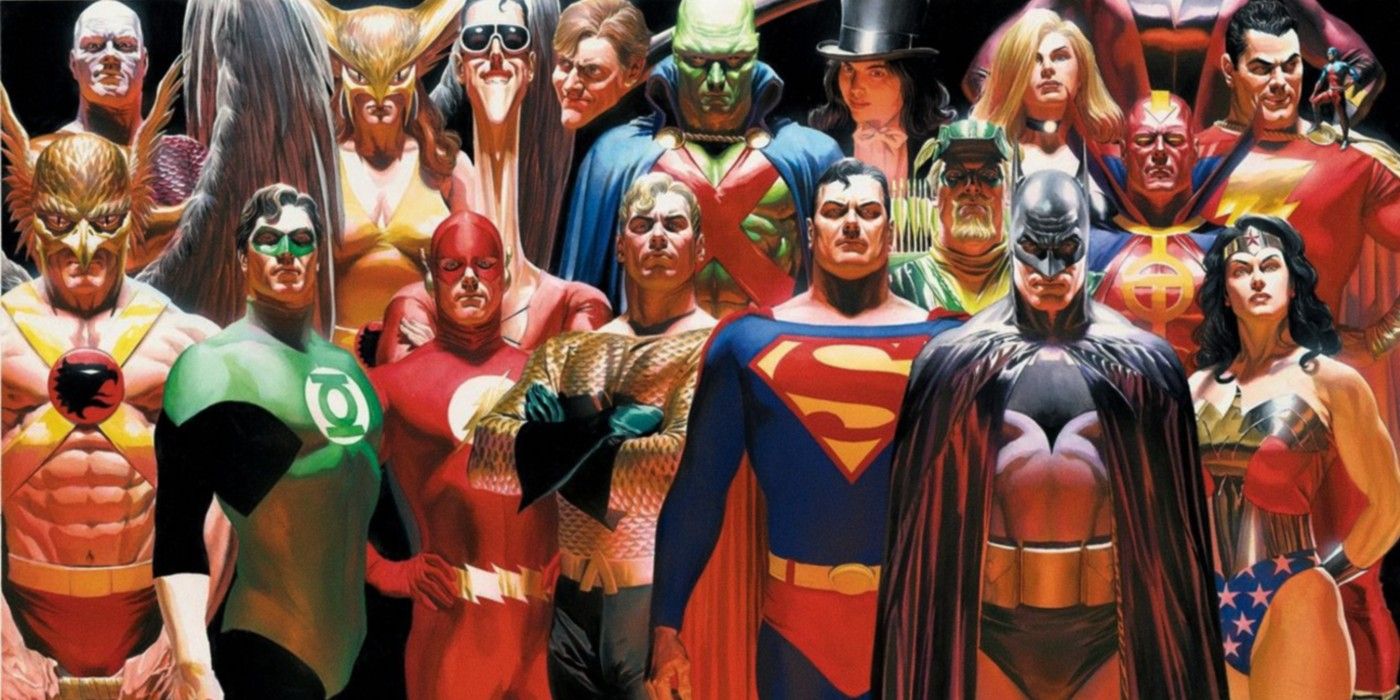 Alex Ross' Justice League of America members, standing as if taking a group photo.