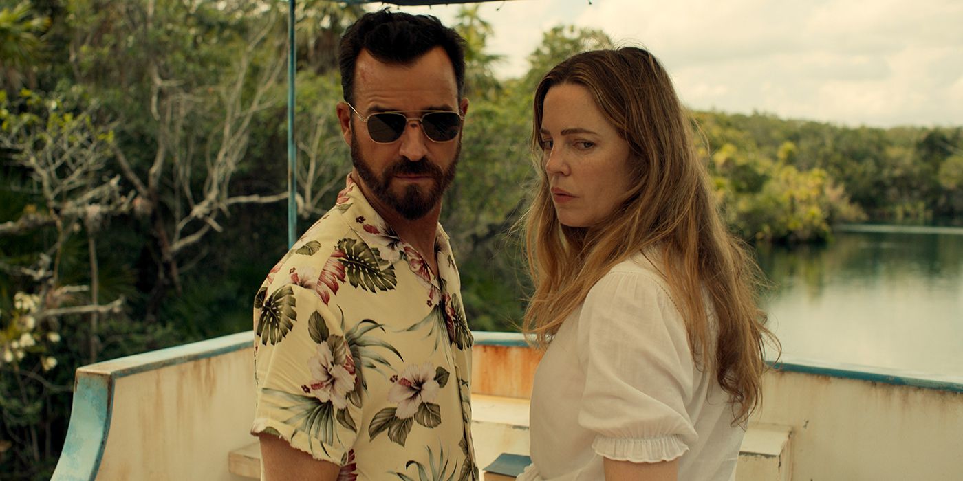Justin Theroux and Melissa George looking over their backs in The Mosquito Coast Season 2