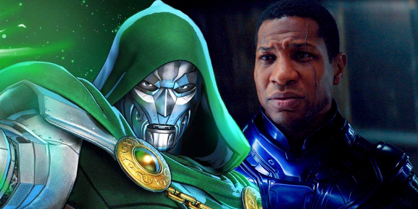 Split Image: Doctor Doom rendering; Jonathan Majors as Kang the Conqueror in Ant-Man and the Wasp Quantumania