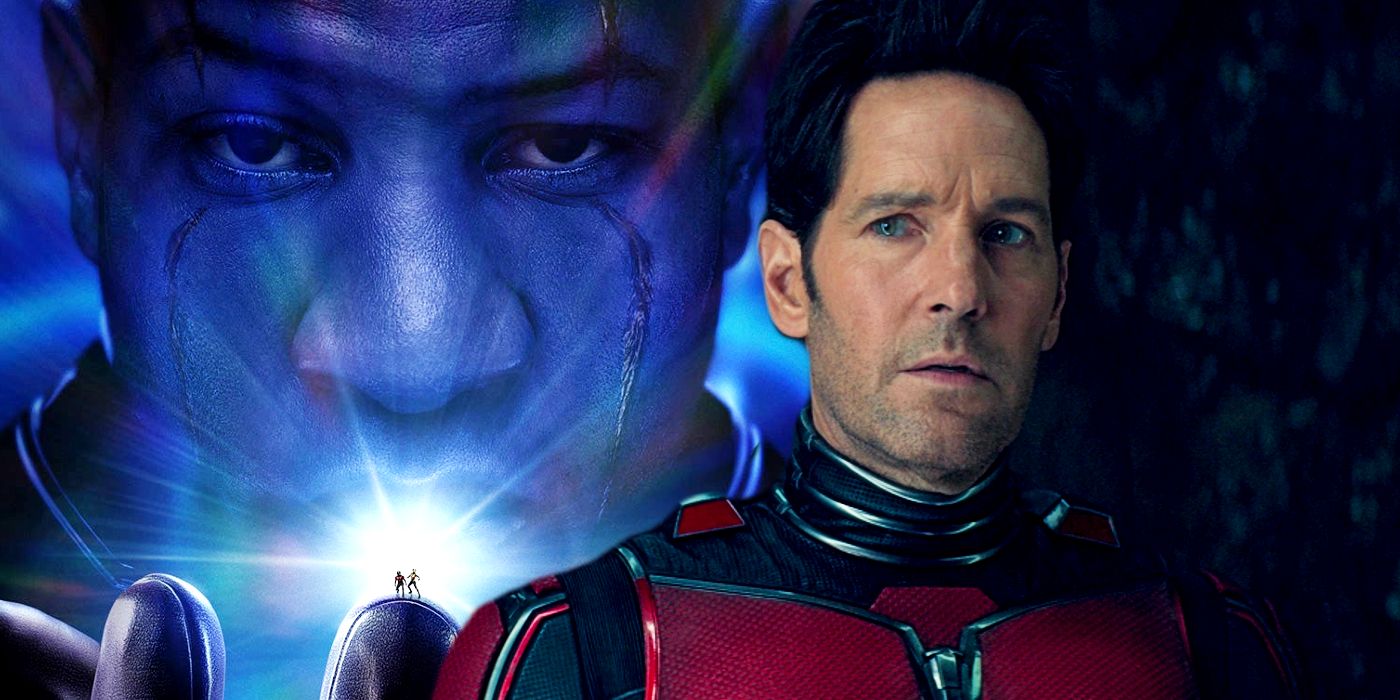 Split Image: Kang the Conqueror looms over the horizon with Ant-Man and the Wasp in his hand; Scott Lang (Paul Rudd) anxiously eyes Kang