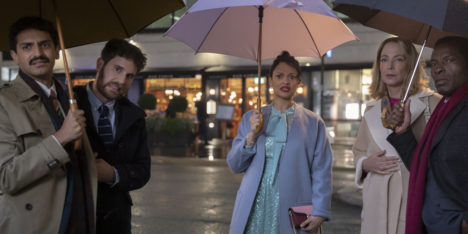 Karan Soni, Ben Platt, Cynthia Addai-Robinson, Allison Janney, and Isaach De Bankolé in The People We Hate at the Wedding