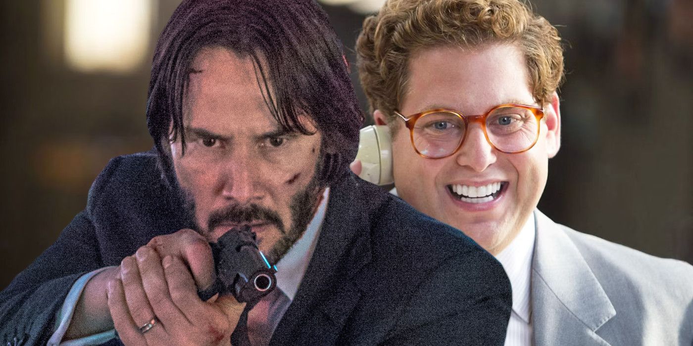 Keanu Reeves as John Wick pointing a gun backdropped by Jonah Hill in Wolf of Wall Street with big funny teeth talking on the phone