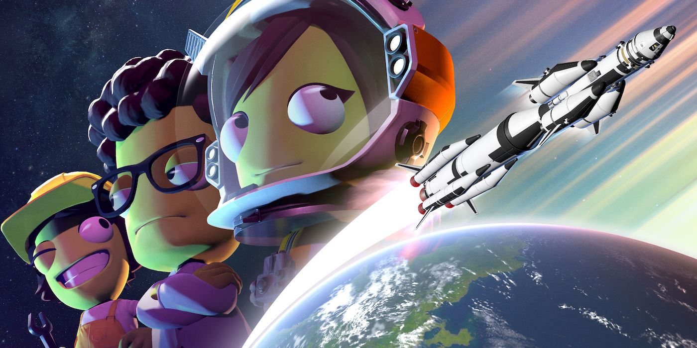 The key art for Kerbal Space Program 2, showing three Kerbals next to a multi-stage rocket flying over an Earth-like planet.