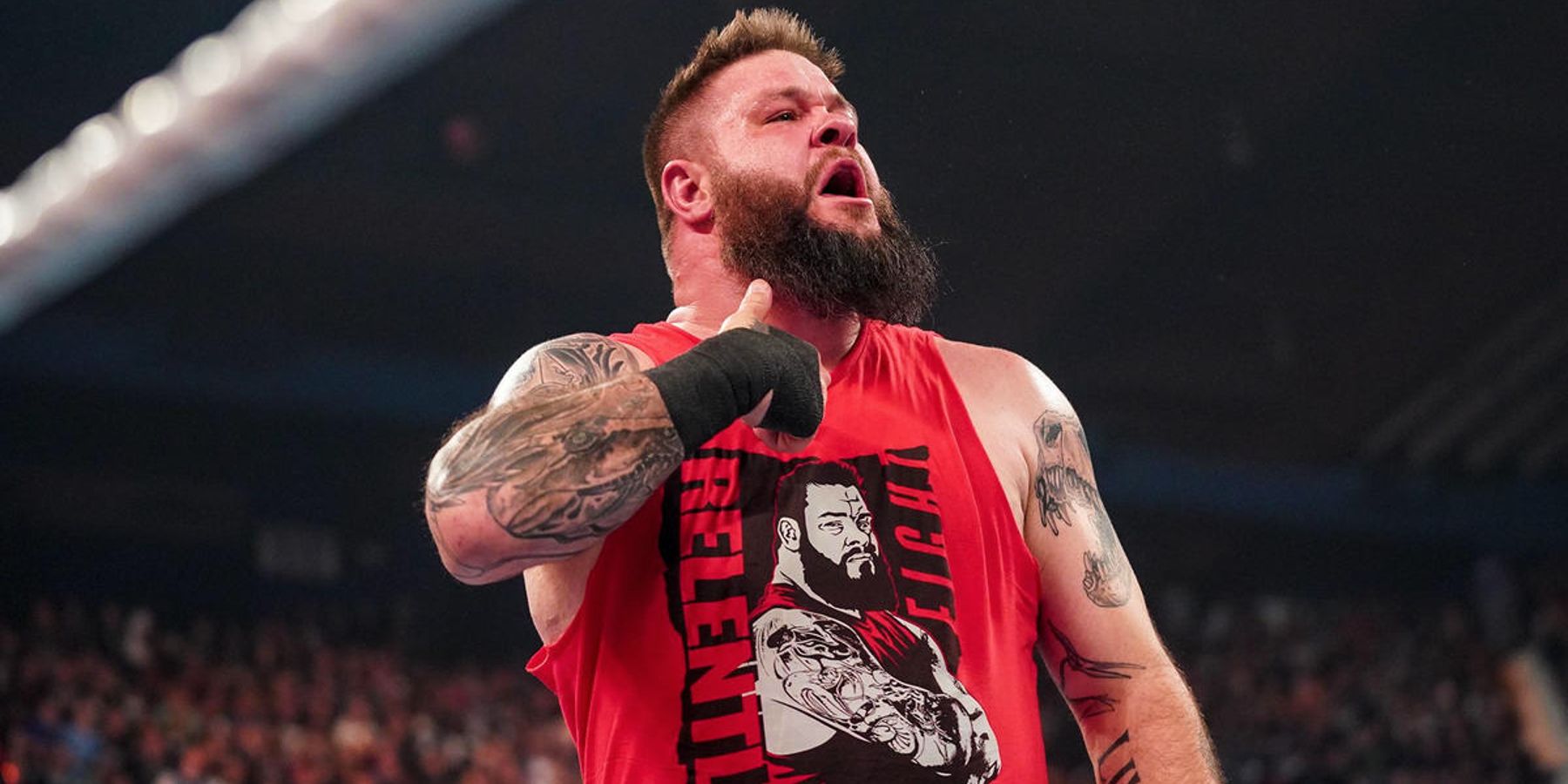 Kevin Owens celebrates a victory over Elias' young brother, Ezekiel, on WWE Monday Night Raw.