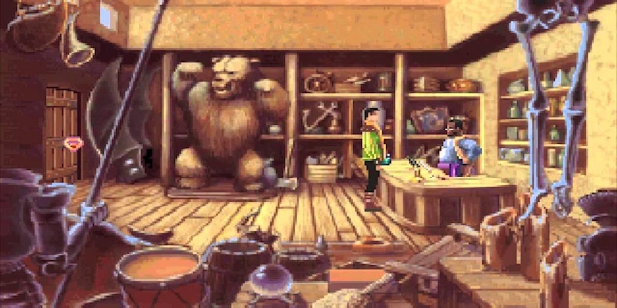 A character talks to a shopkeeper in King's Quest VI