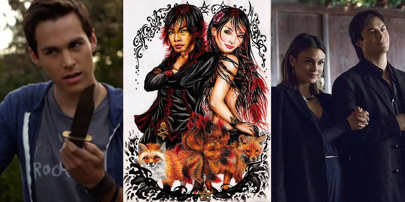Fanart de Misao e Shinichi, com uma imagem de Kai Parker à esquerda e Sybil controlando Damon à direita de The Vampire Diaries