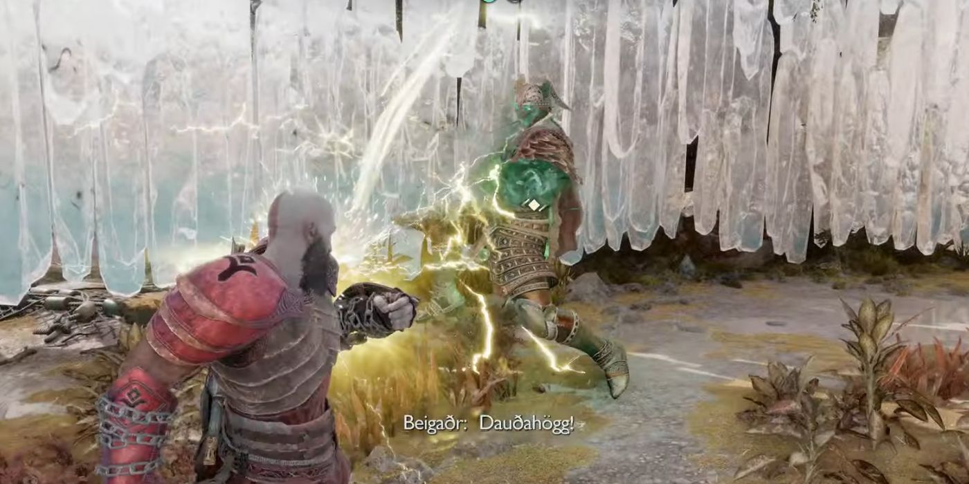 Kratos Bloqueando um Ataque Relâmpago de Beigadr, o Temido, em God of War Ragnarök