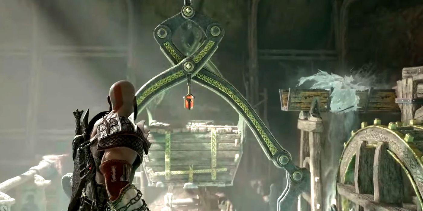Kratos Solving The Applecore Mine Water Lift Puzzle in God of War Ragnarök 