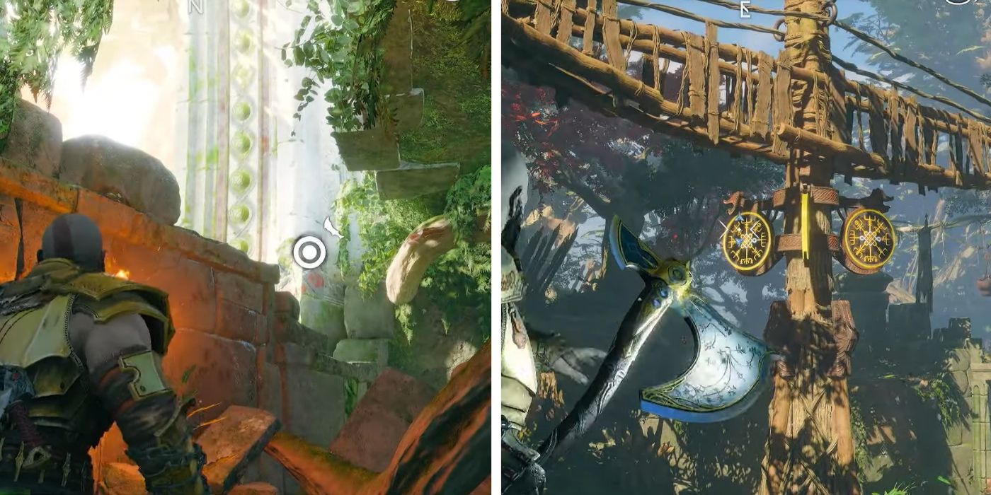Kratos uses mechanisms to create a path to reach Helios's illuminated God of War, Ragnarök