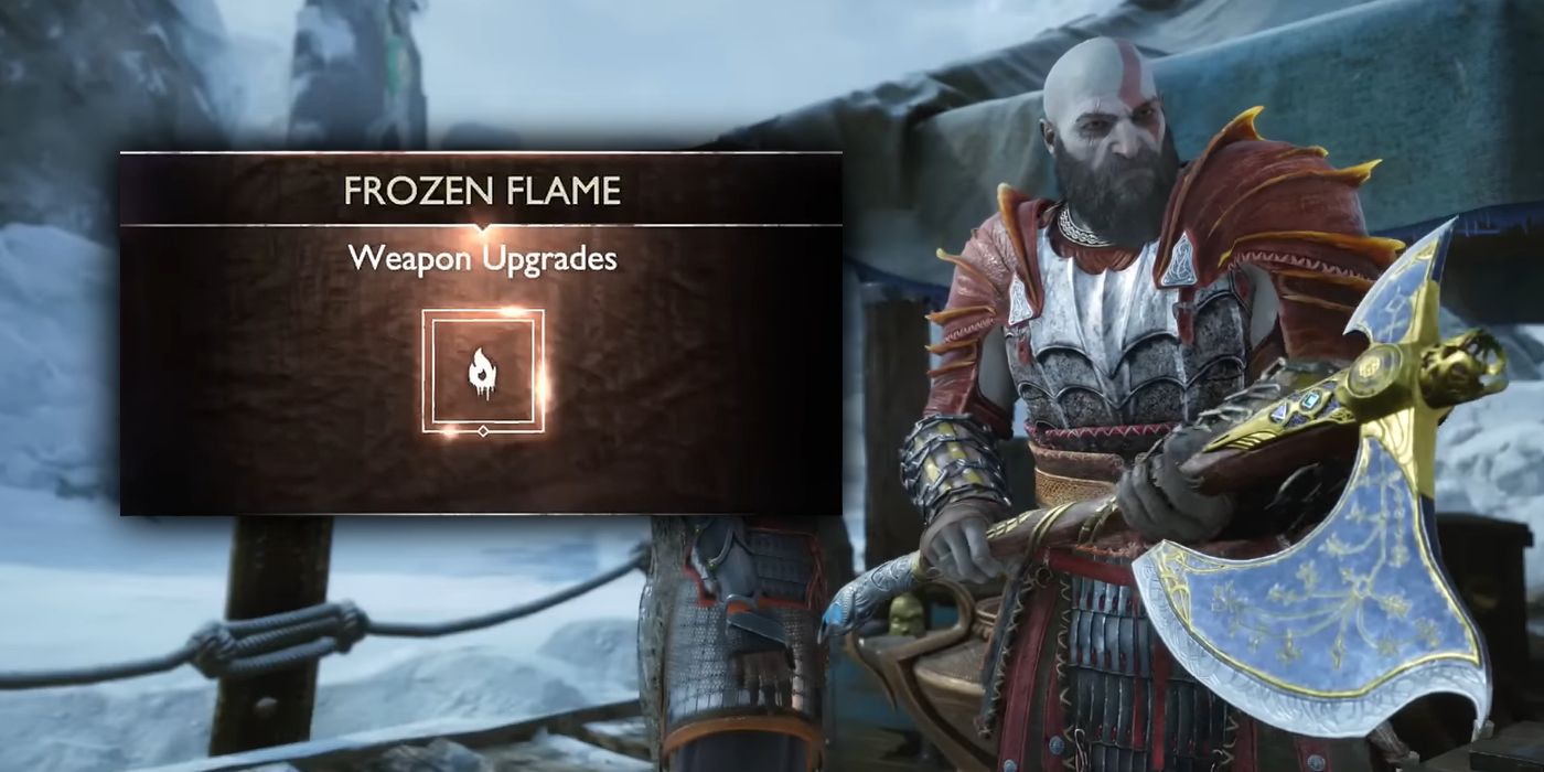 Kratos Using a Frozen Flame to Upgrade his Axe in God of War Ragnarök