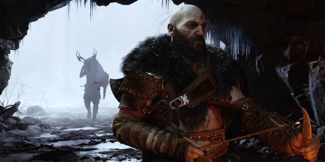 Kratos in a cave in God of War 
