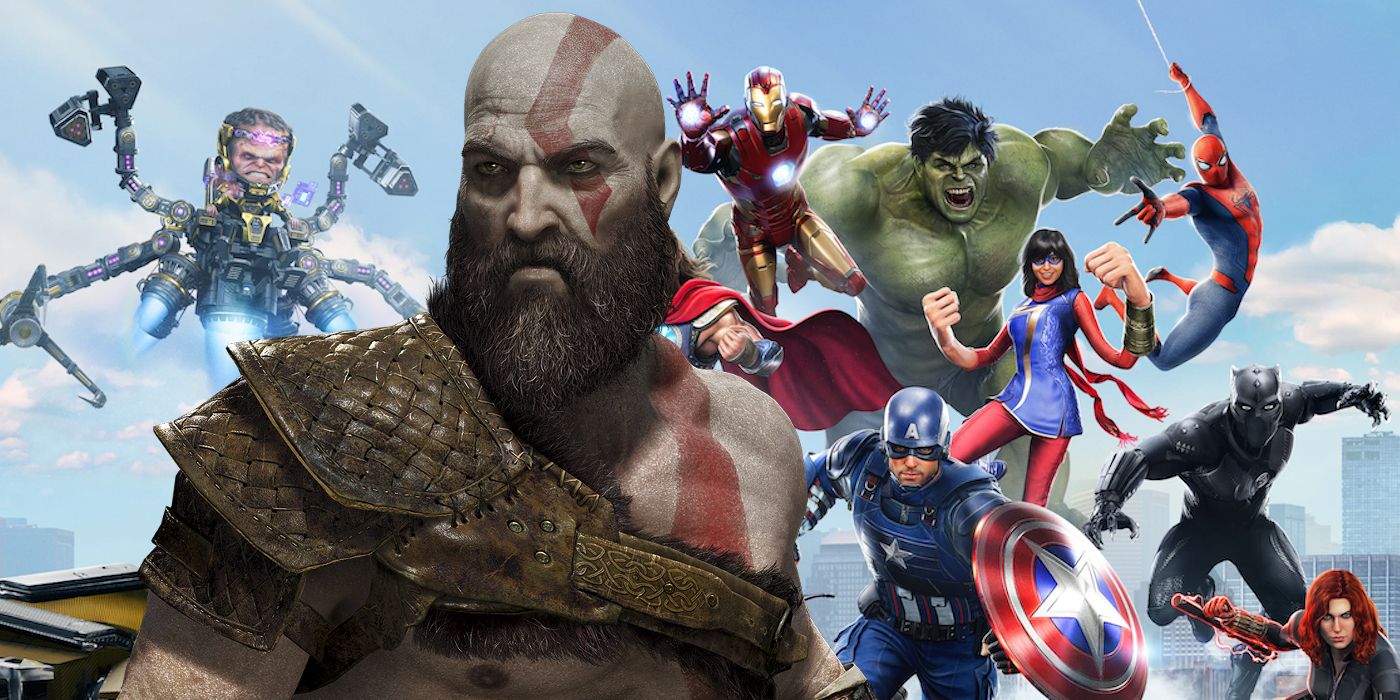 Kratos with the Marvel's Avengers heroes like Captain America, Spider-Man and Hulk