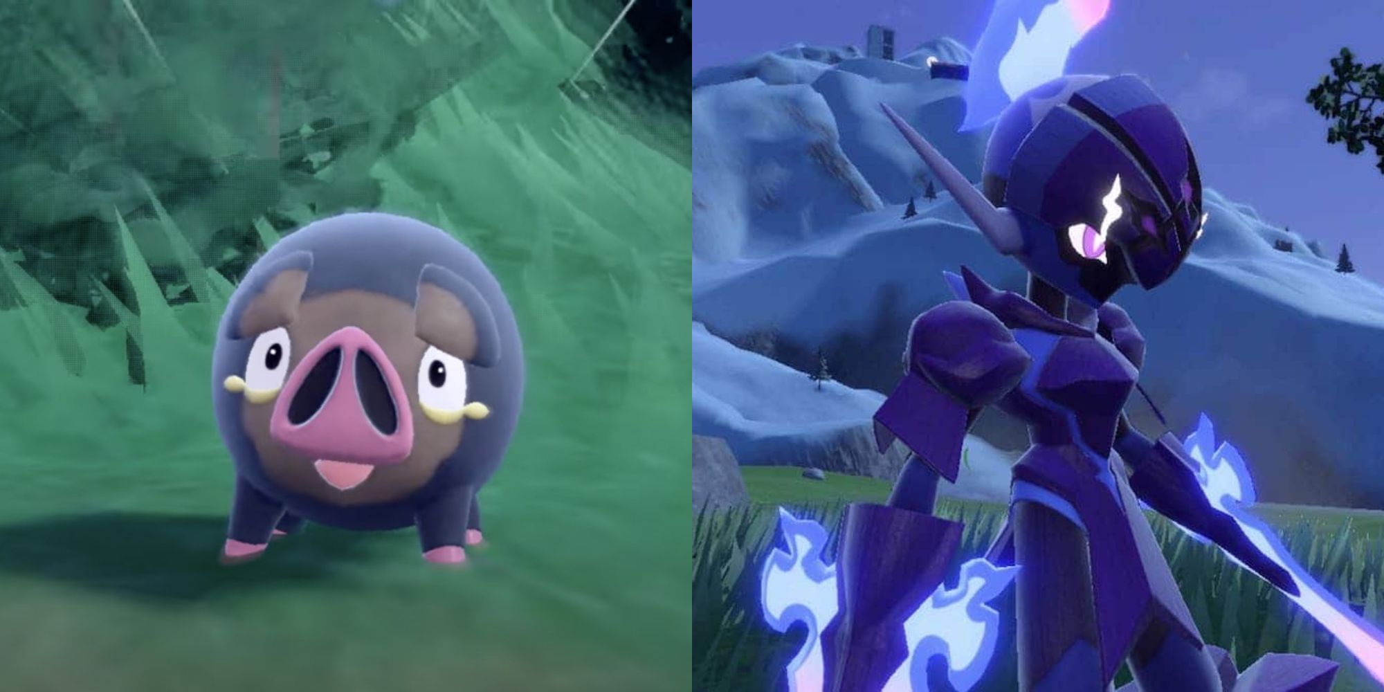 Split image showing Lechonk and Ceruledge in Pokémon Scarlet and Violet.