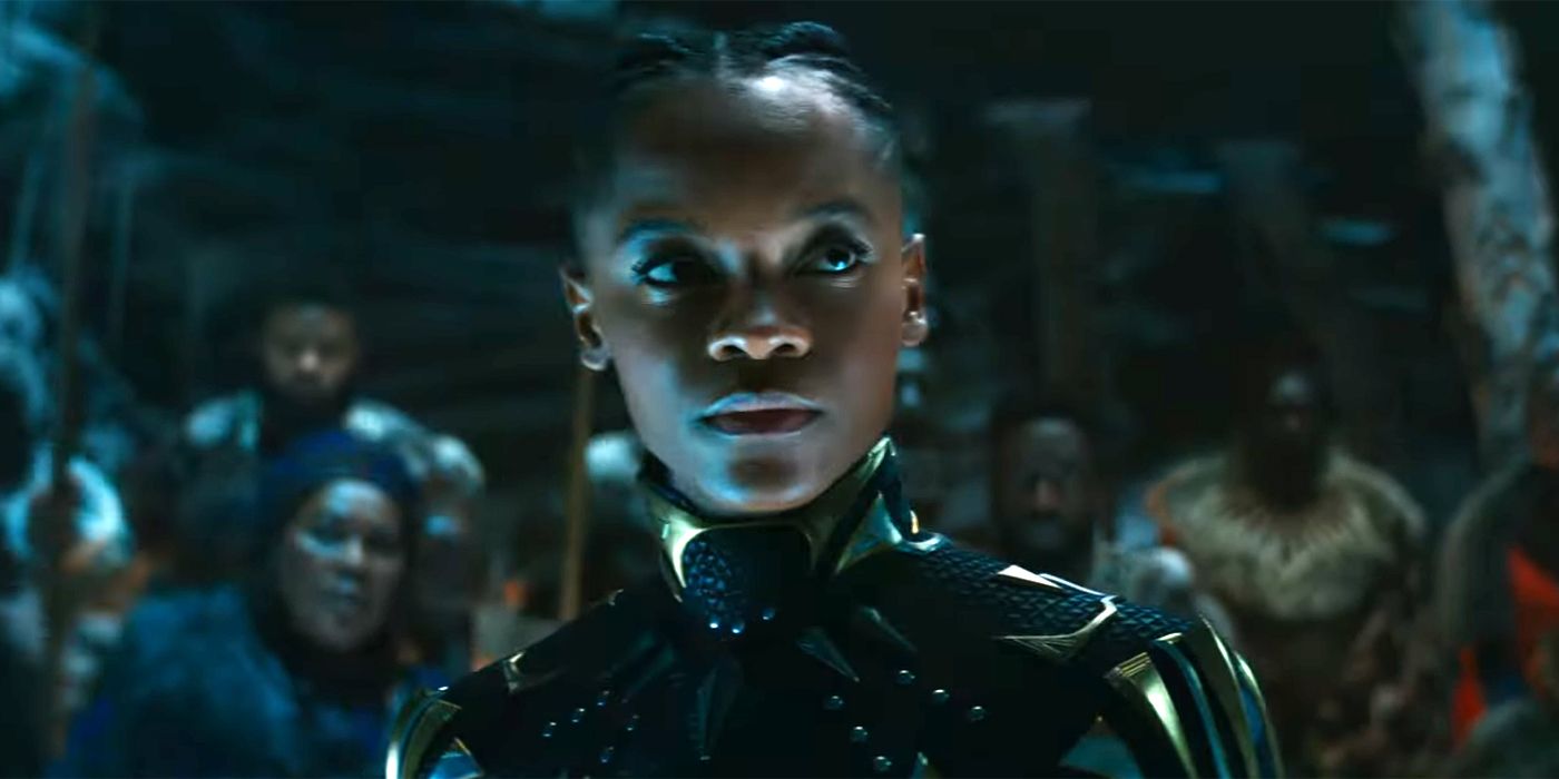 Letitia Wright wearing the Black Panther suit without the helmet in Black Panther: Wakanda Forever.