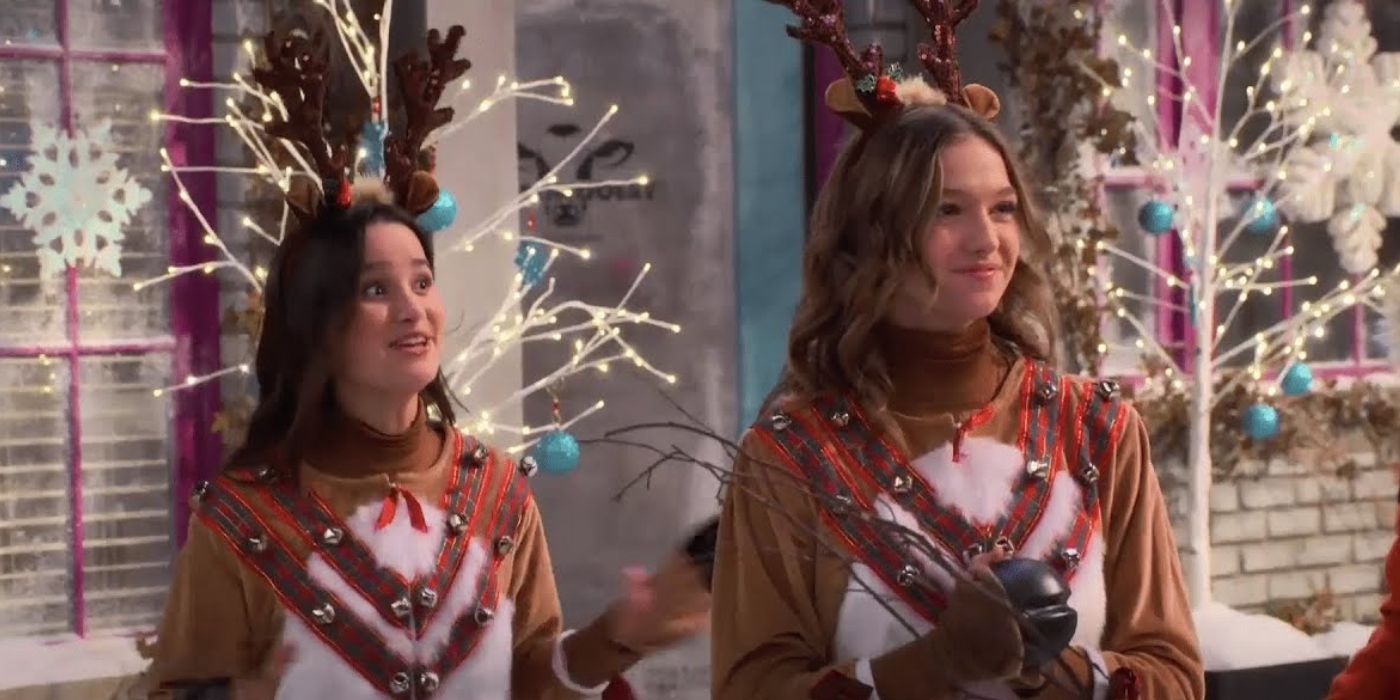 Lex and Presley dressed as reindeer for a Christmas episode in Side Hustle