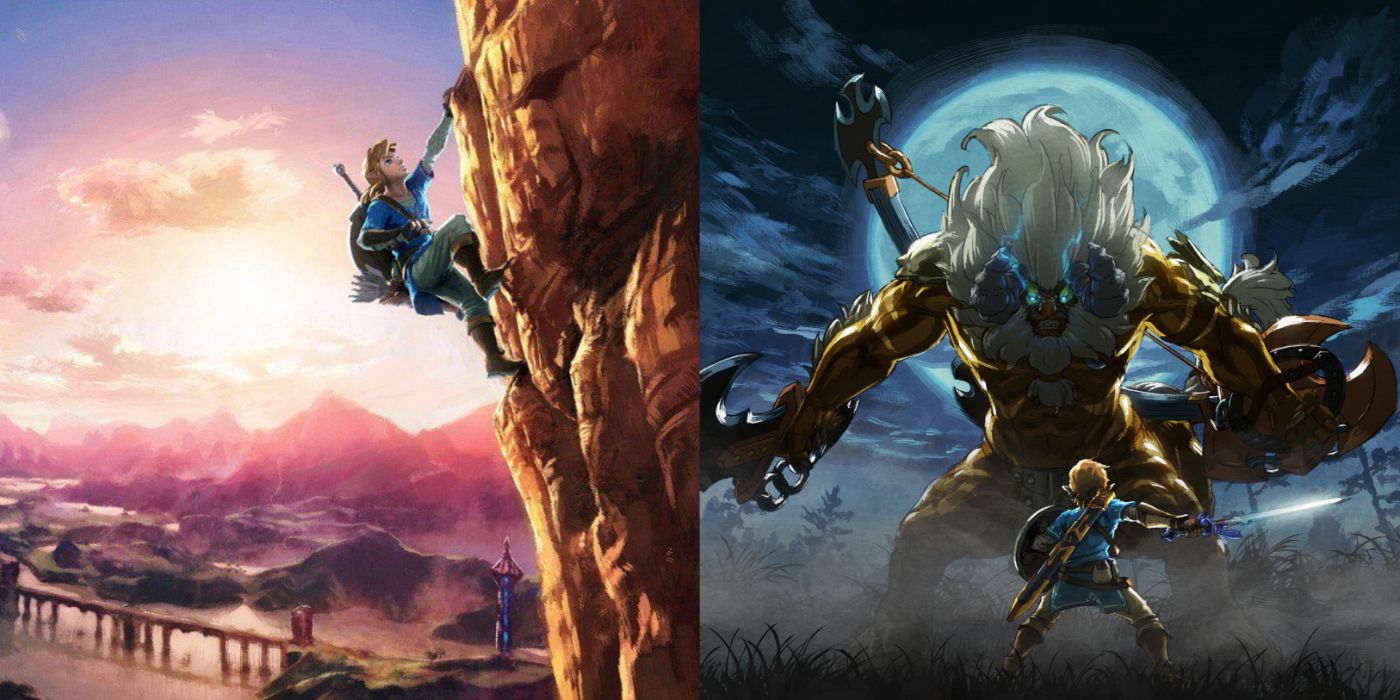 Split image of Link climbing the side of a mountain and facing a Golden Lynel.