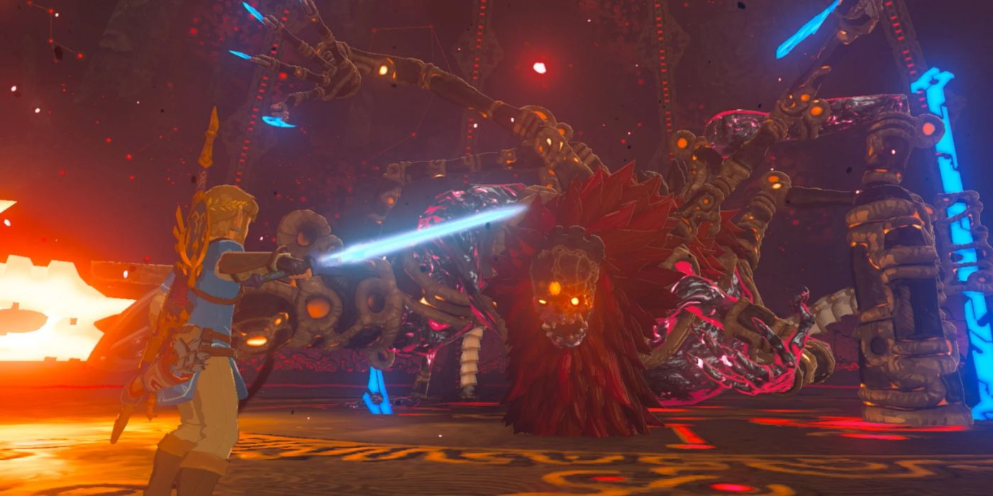 Link facing off against the monstrous Calamity Ganon in Breath of the Wild.