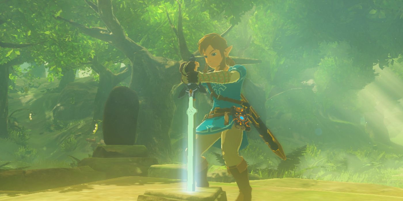 Link tentando sacar a Master Sword em Breath of the Wild.