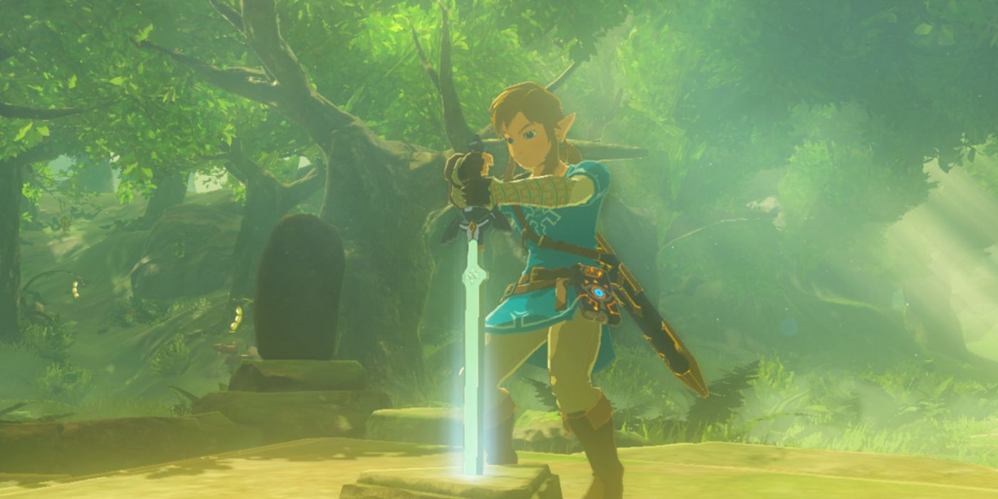 Link tentando retirar a Master Sword em Breath of the Wild.