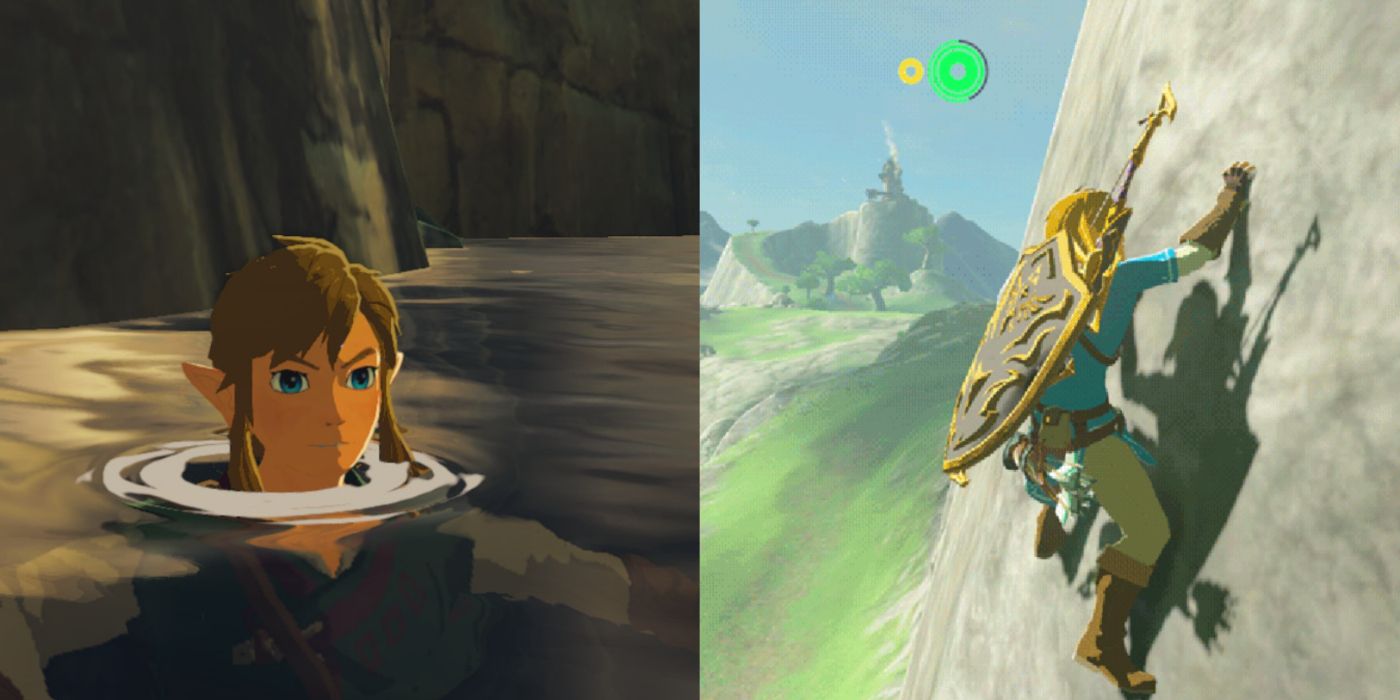 Split image of Link swimming and climbing in Breath of the Wild.
