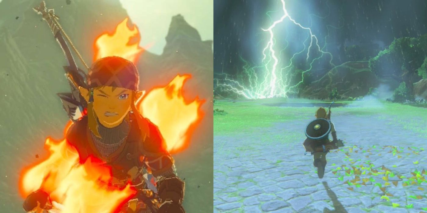 Split image of Link's gear catching fire and lightning striking in Breath of the Wild.